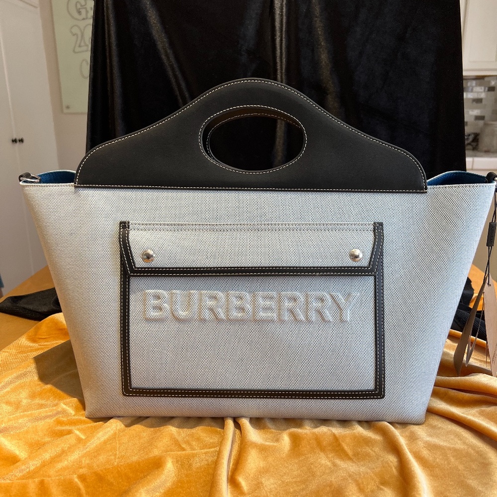 Burberry Leather and Canvas Tote Bag with Leather Strap